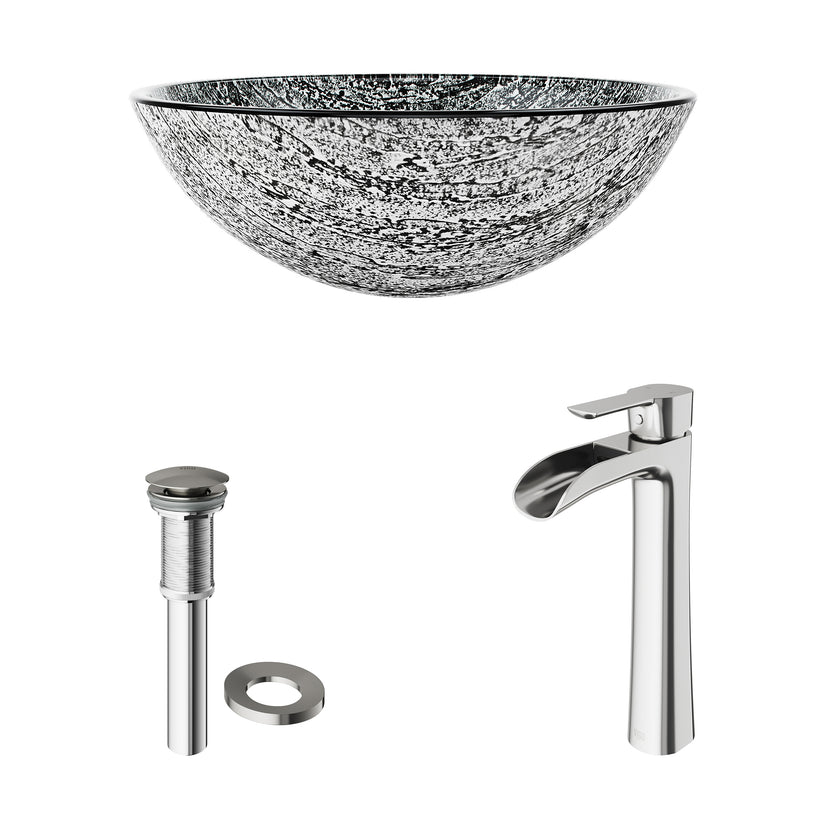Glass Round Vessel Bathroom Sink in Titanium Gray with Niko Faucet and Pop-Up Drain in Brushed Nickel