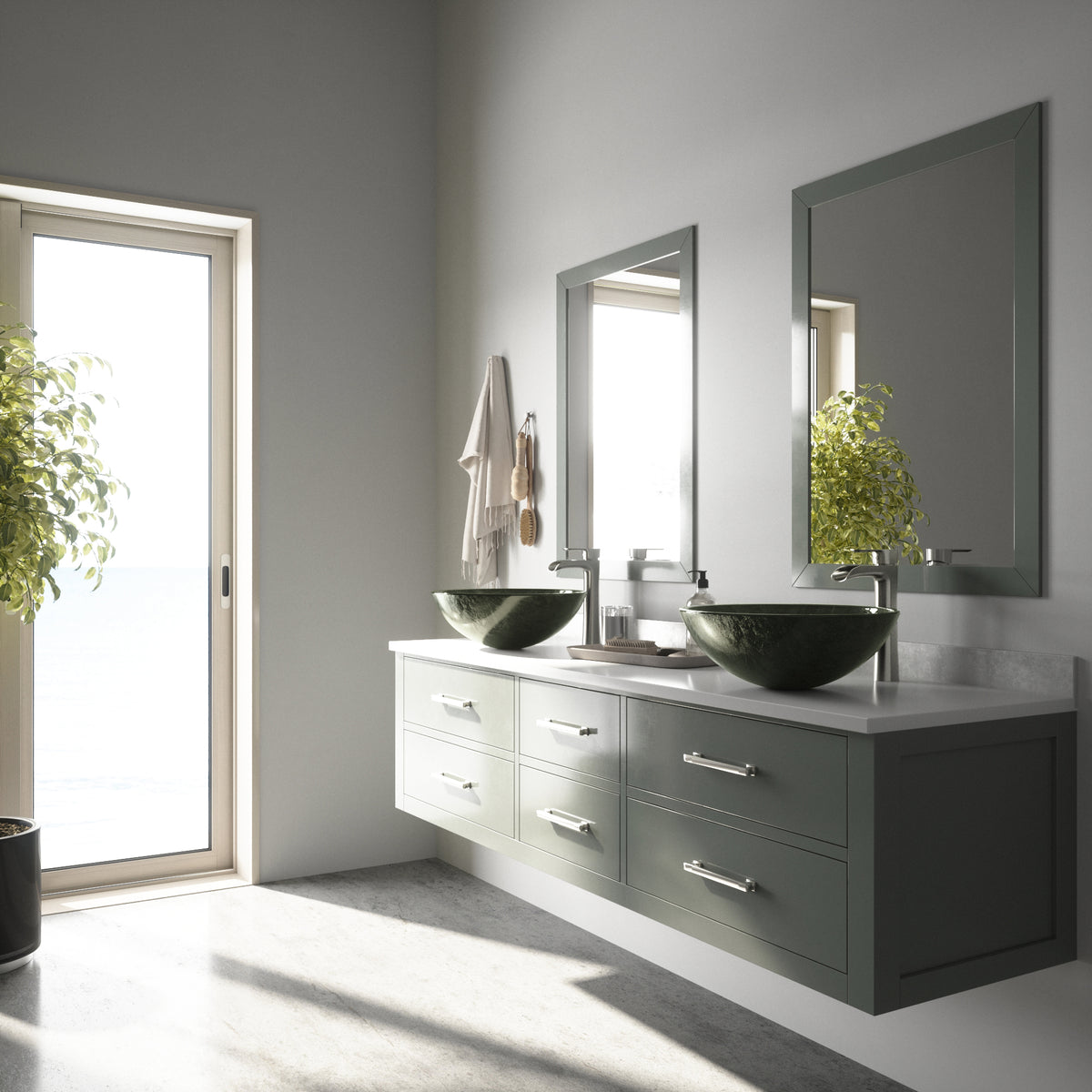 Glass Round Vessel Bathroom Sink in Onyx Gray with Niko Faucet and Pop-Up Drain in Brushed Nickel