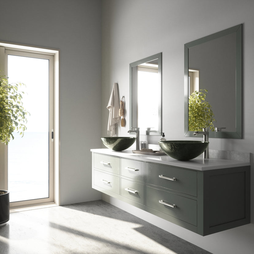 Glass Round Vessel Bathroom Sink in Onyx Gray with Niko Faucet and Pop-Up Drain in Brushed Nickel