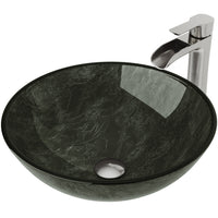 Glass Round Vessel Bathroom Sink in Onyx Gray with Niko Faucet and Pop-Up Drain in Brushed Nickel