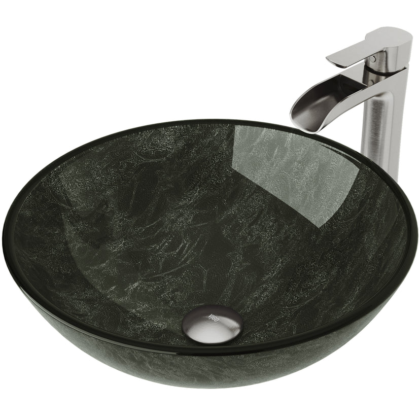 Glass Round Vessel Bathroom Sink in Onyx Gray with Niko Faucet and Pop-Up Drain in Brushed Nickel