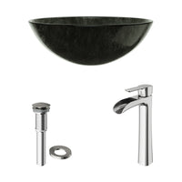 Glass Round Vessel Bathroom Sink in Onyx Gray with Niko Faucet and Pop-Up Drain in Brushed Nickel