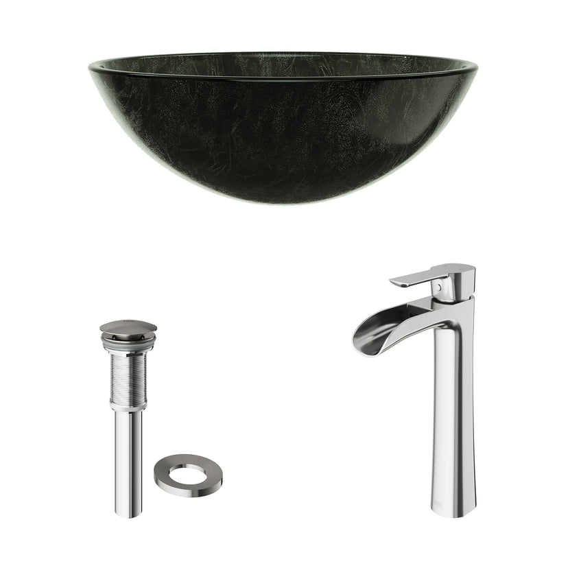 Glass Round Vessel Bathroom Sink in Onyx Gray with Niko Faucet and Pop-Up Drain in Brushed Nickel