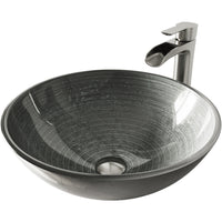 Glass Round Vessel Bathroom Sink in Silver with Niko Faucet and Pop-Up Drain in Brushed Nickel