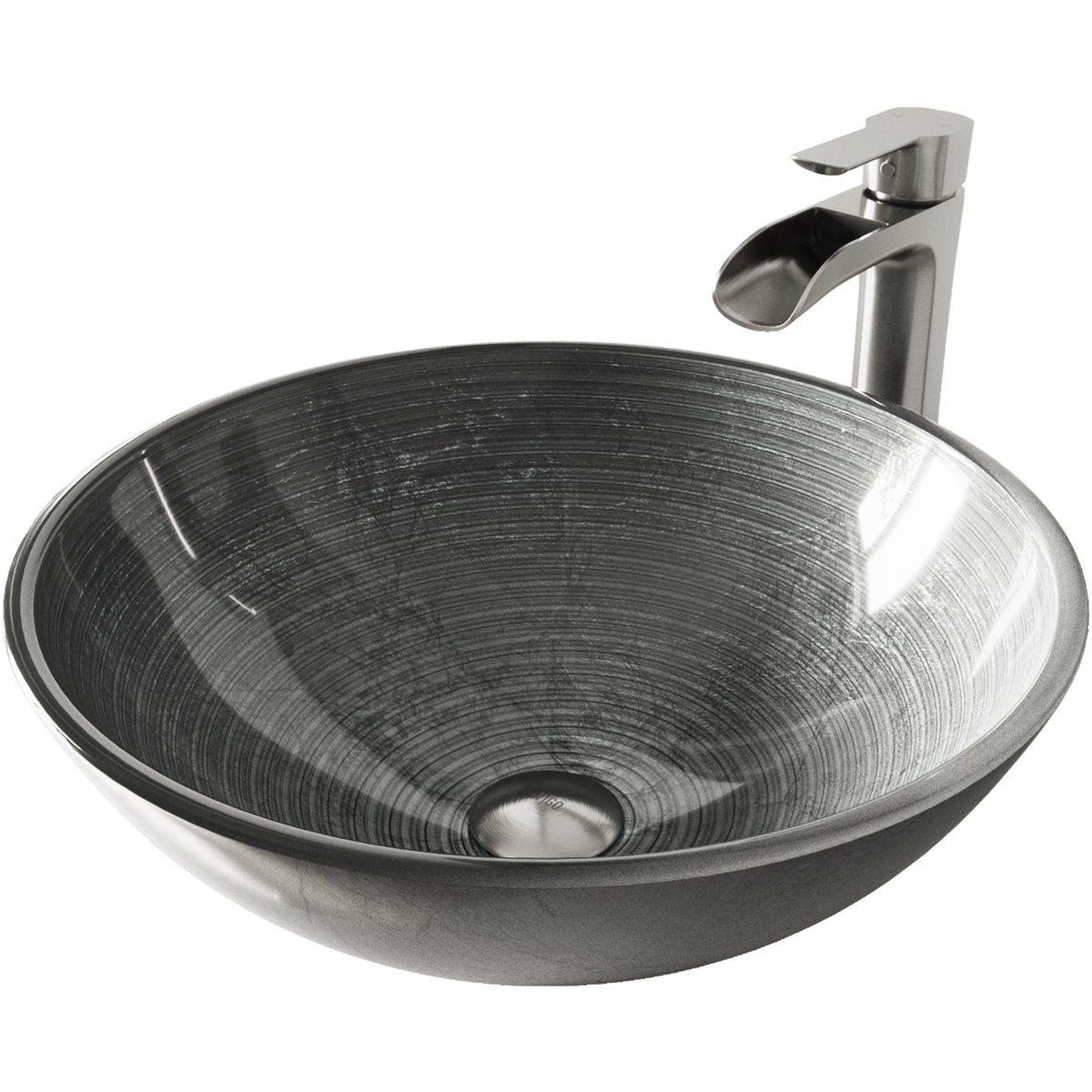 Glass Round Vessel Bathroom Sink in Silver with Niko Faucet and Pop-Up Drain in Brushed Nickel