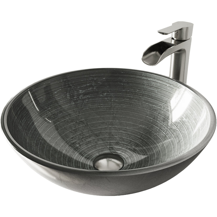 Glass Round Vessel Bathroom Sink in Silver with Niko Faucet and Pop-Up Drain in Brushed Nickel