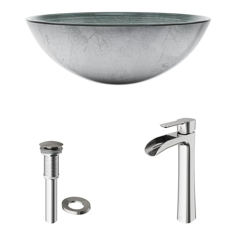 Glass Round Vessel Bathroom Sink in Silver with Niko Faucet and Pop-Up Drain in Brushed Nickel