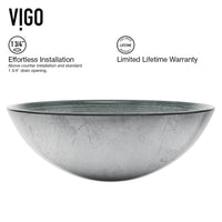 Glass Round Vessel Bathroom Sink in Silver with Niko Faucet and Pop-Up Drain in Brushed Nickel
