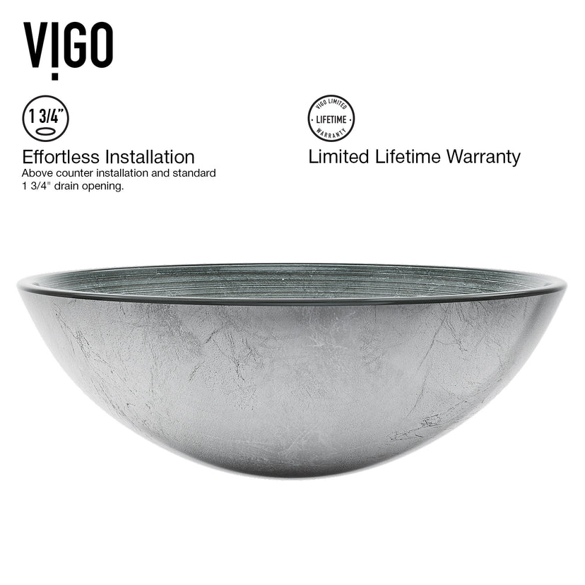 Glass Round Vessel Bathroom Sink in Silver with Niko Faucet and Pop-Up Drain in Brushed Nickel