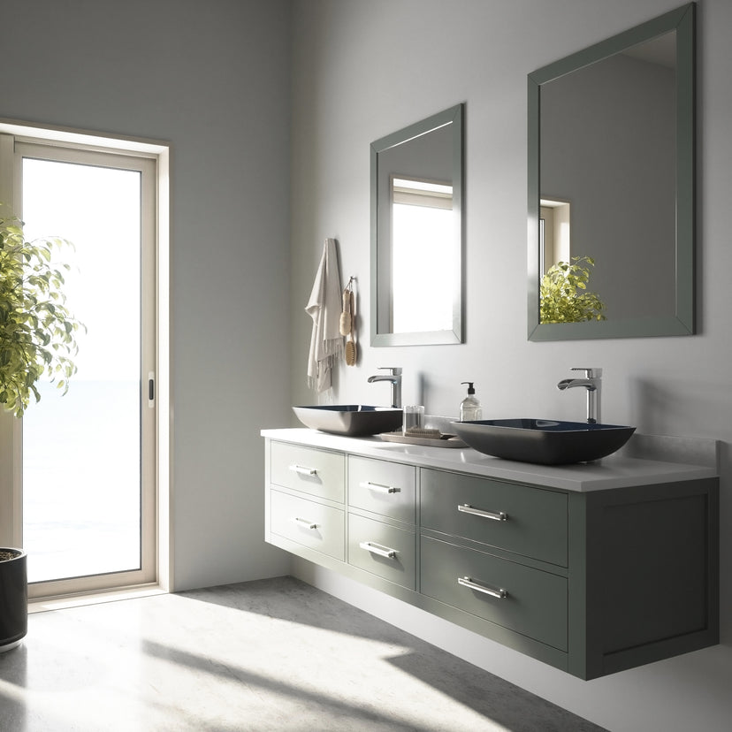 Glass Rectangular Vessel Bathroom Sink in Turquoise Blue with Niko Faucet and Pop-Up Drain in Chrome