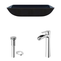 Glass Rectangular Vessel Bathroom Sink in Turquoise Blue with Niko Faucet and Pop-Up Drain in Chrome