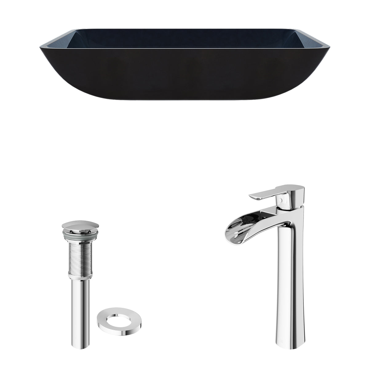 Glass Rectangular Vessel Bathroom Sink in Turquoise Blue with Niko Faucet and Pop-Up Drain in Chrome