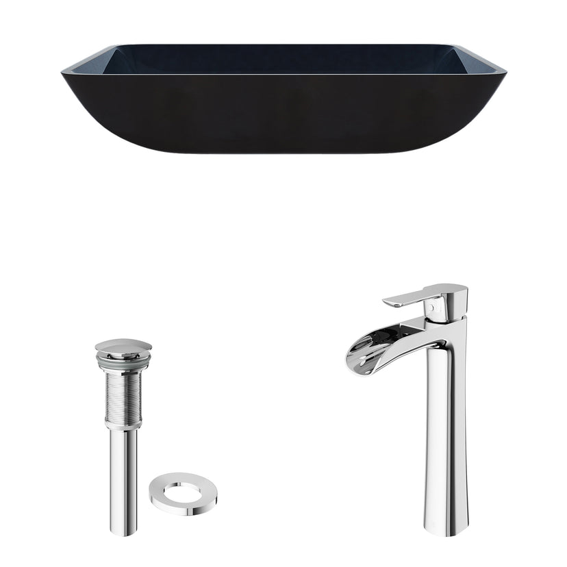 Glass Rectangular Vessel Bathroom Sink in Turquoise Blue with Niko Faucet and Pop-Up Drain in Chrome