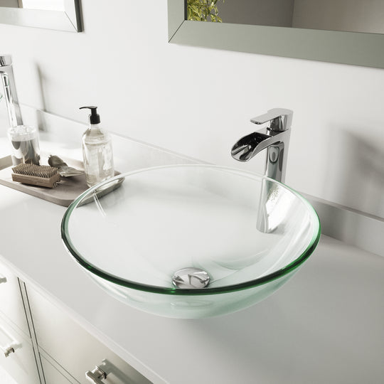 Glass Round Vessel Bathroom Sink in Iridescent with Niko Faucet and Pop-Up Drain in Chrome
