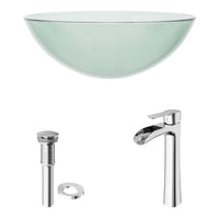 Glass Round Vessel Bathroom Sink in Iridescent with Niko Faucet and Pop-Up Drain in Chrome