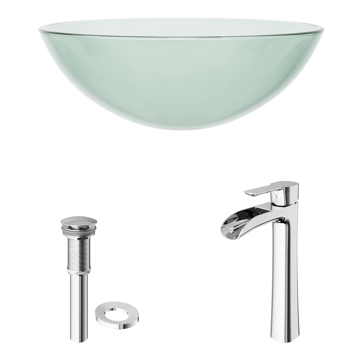 Glass Round Vessel Bathroom Sink in Iridescent with Niko Faucet and Pop-Up Drain in Chrome