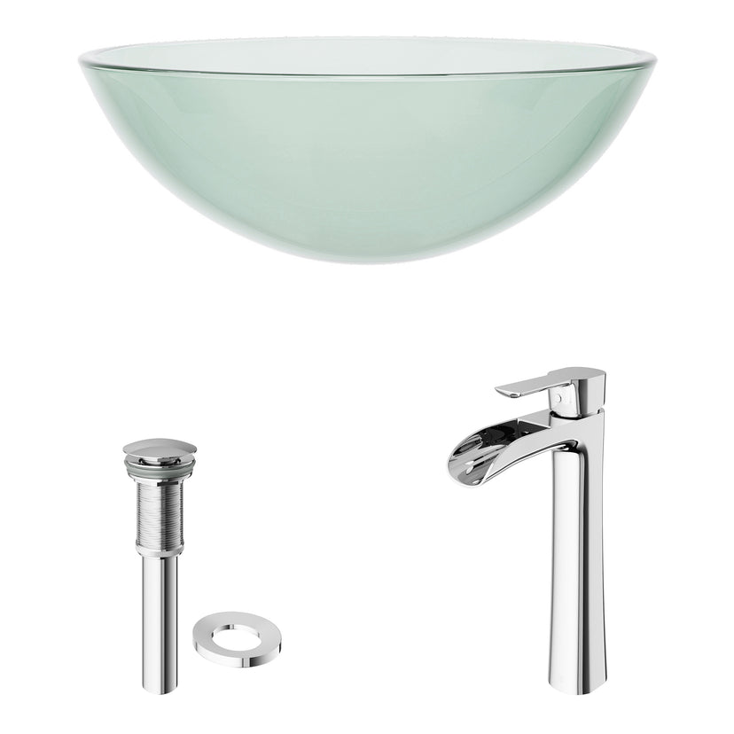 Glass Round Vessel Bathroom Sink in Iridescent with Niko Faucet and Pop-Up Drain in Chrome