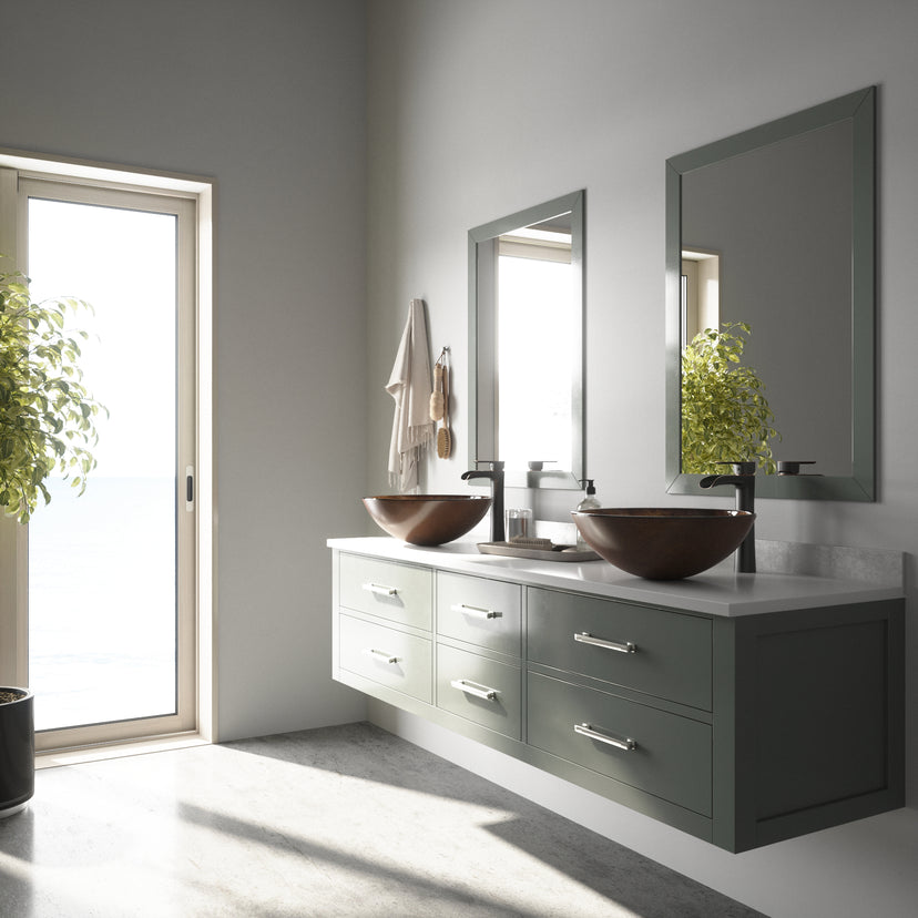 Glass Round Vessel Bathroom Sink in Russet Brown with Niko Faucet and Pop-Up Drain in Antique Rubbed Bronze