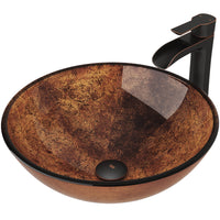 Glass Round Vessel Bathroom Sink in Russet Brown with Niko Faucet and Pop-Up Drain in Antique Rubbed Bronze