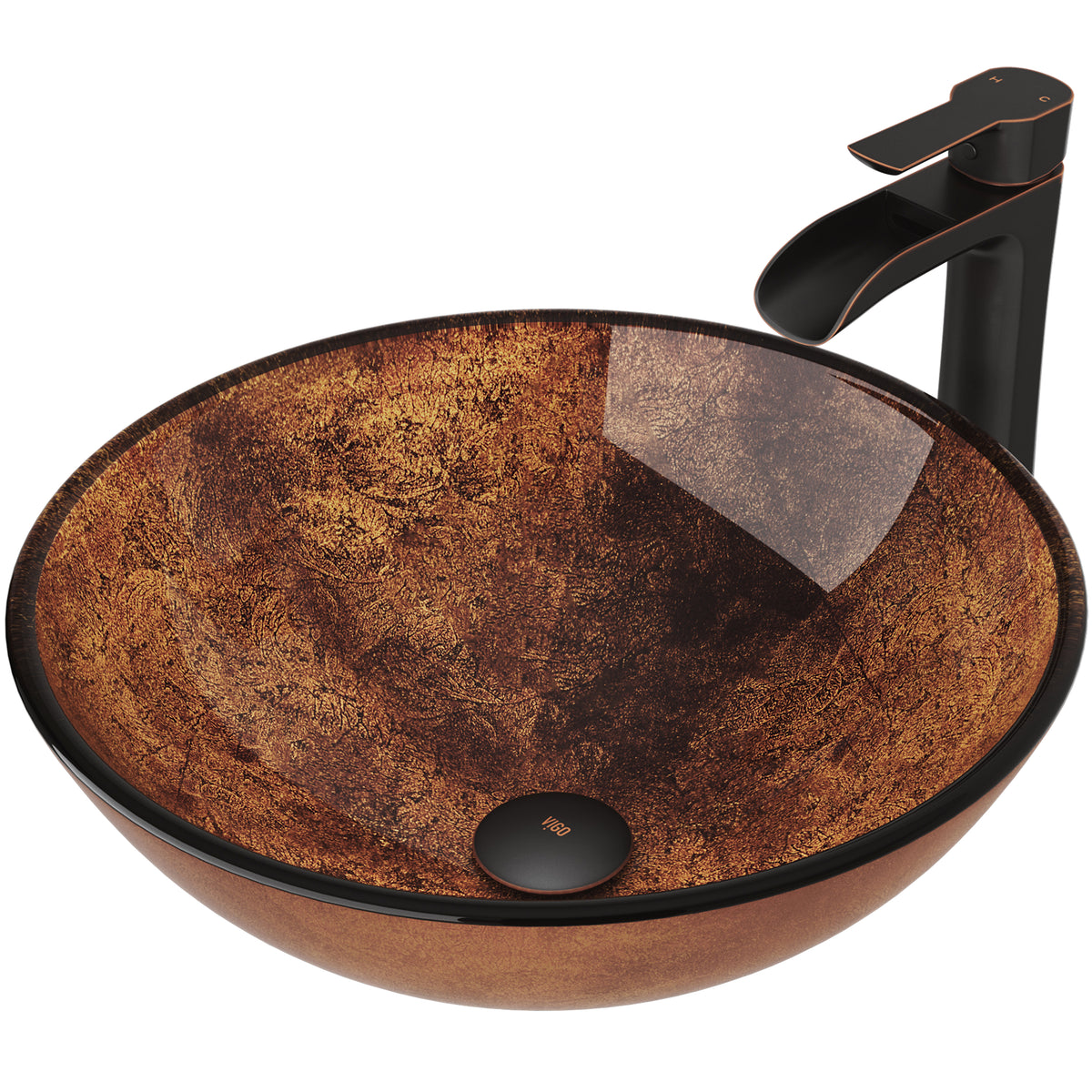 Glass Round Vessel Bathroom Sink in Russet Brown with Niko Faucet and Pop-Up Drain in Antique Rubbed Bronze