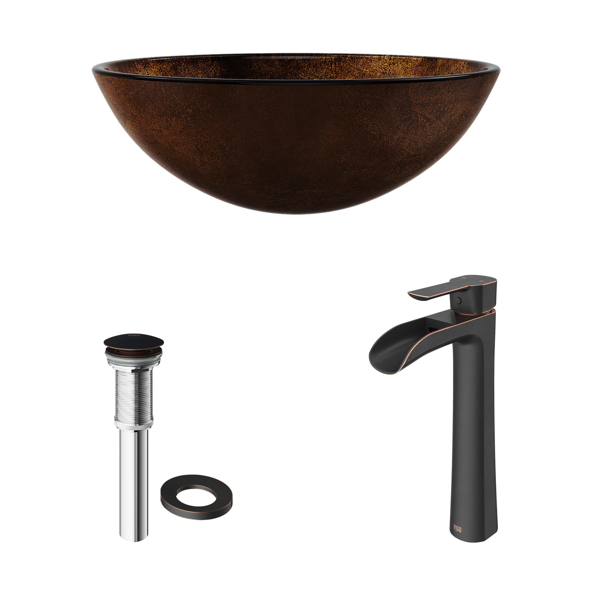 Glass Round Vessel Bathroom Sink in Russet Brown with Niko Faucet and Pop-Up Drain in Antique Rubbed Bronze