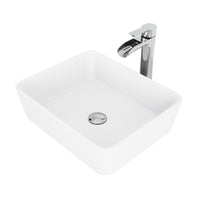 Matte Stone Marigold Composite Rectangular Vessel Bathroom Sink in White with Niko Faucet and Pop-Up Drain in Chrome