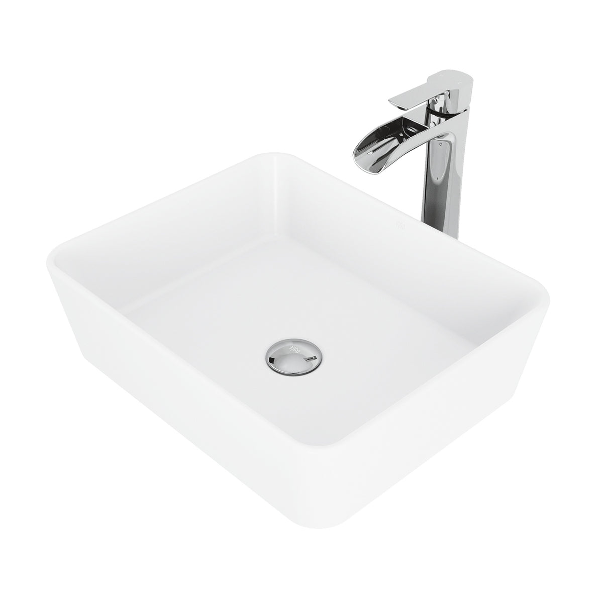 Matte Stone Marigold Composite Rectangular Vessel Bathroom Sink in White with Niko Faucet and Pop-Up Drain in Chrome