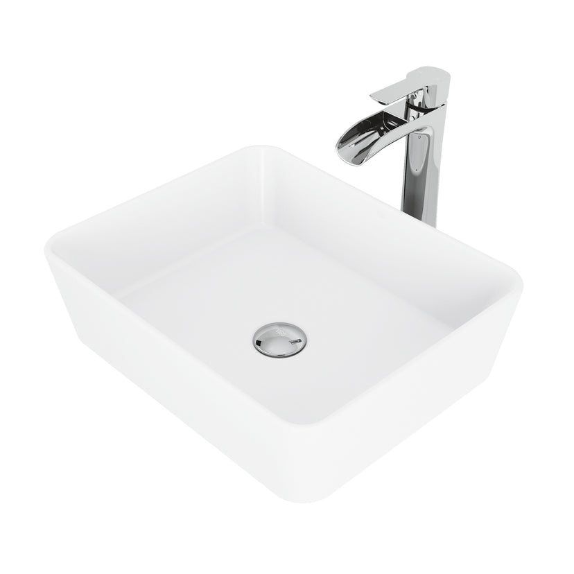 Matte Stone Marigold Composite Rectangular Vessel Bathroom Sink in White with Niko Faucet and Pop-Up Drain in Chrome