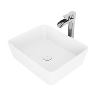 Matte Stone Marigold Composite Rectangular Vessel Bathroom Sink in White with Niko Faucet in Chrome and Pop-Up Drain