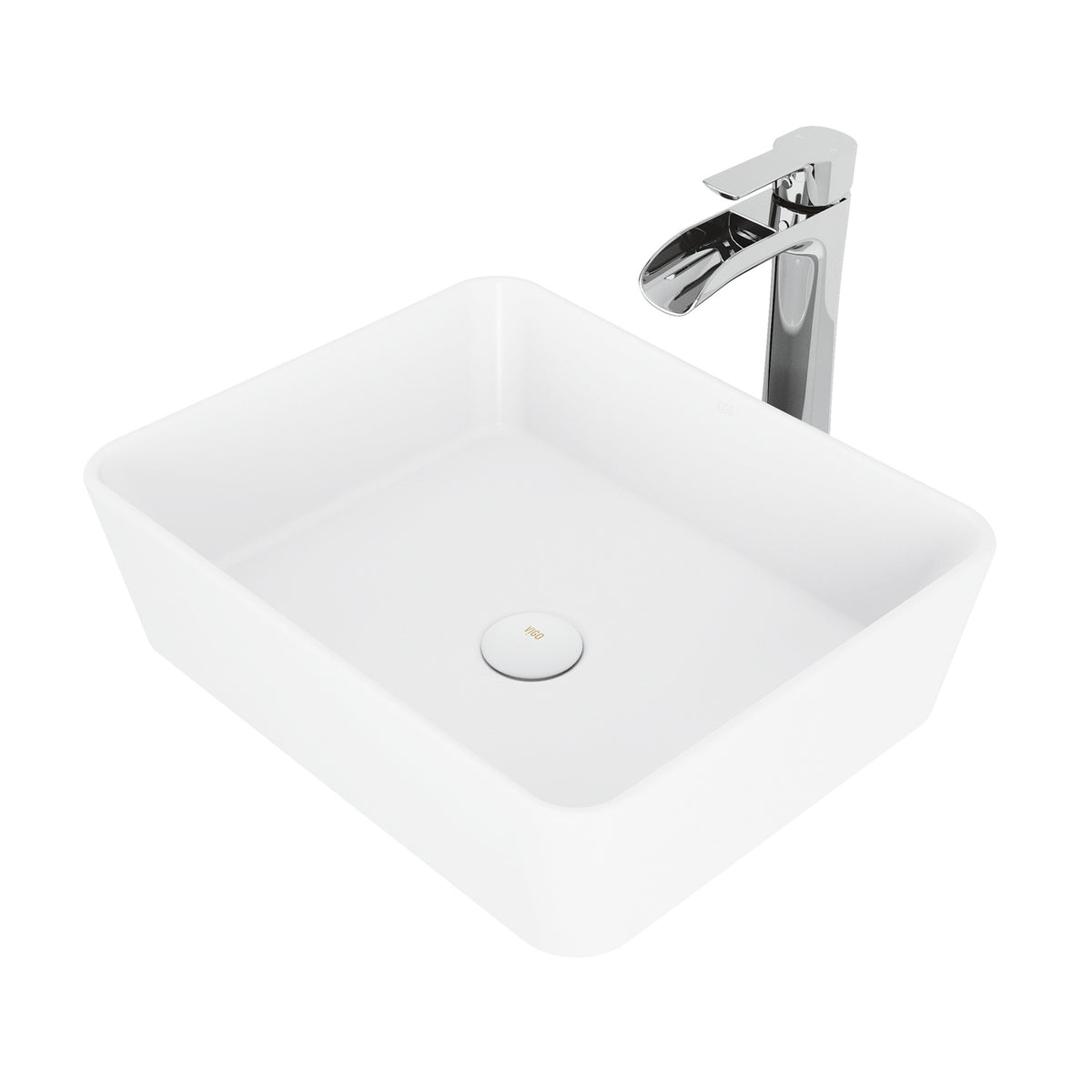 Matte Stone Marigold Composite Rectangular Vessel Bathroom Sink in White with Niko Faucet in Chrome and Pop-Up Drain