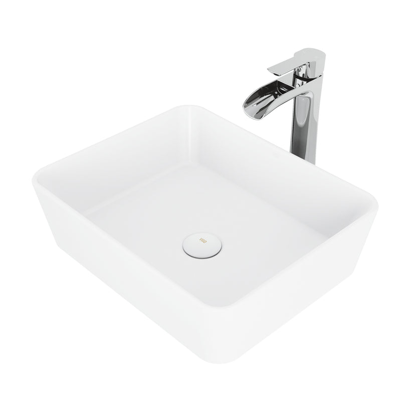 Matte Stone Marigold Composite Rectangular Vessel Bathroom Sink in White with Niko Faucet in Chrome and Pop-Up Drain