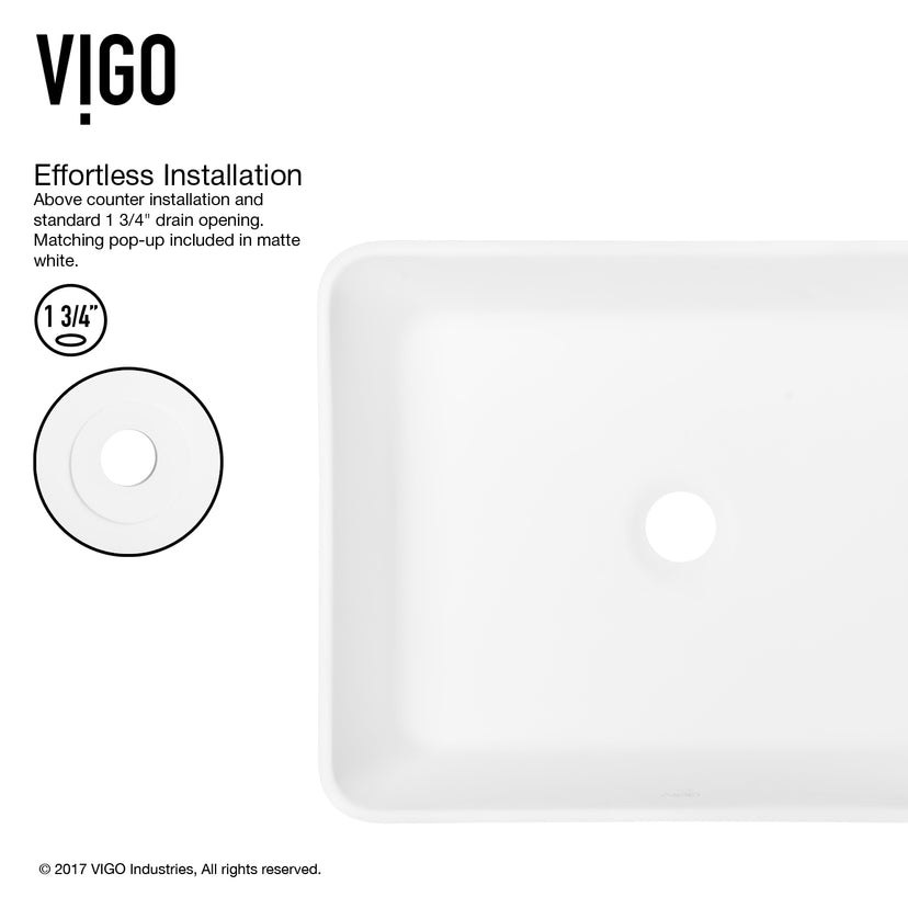 Matte Stone Marigold Composite Rectangular Vessel Bathroom Sink in White with Niko Faucet in Chrome and Pop-Up Drain