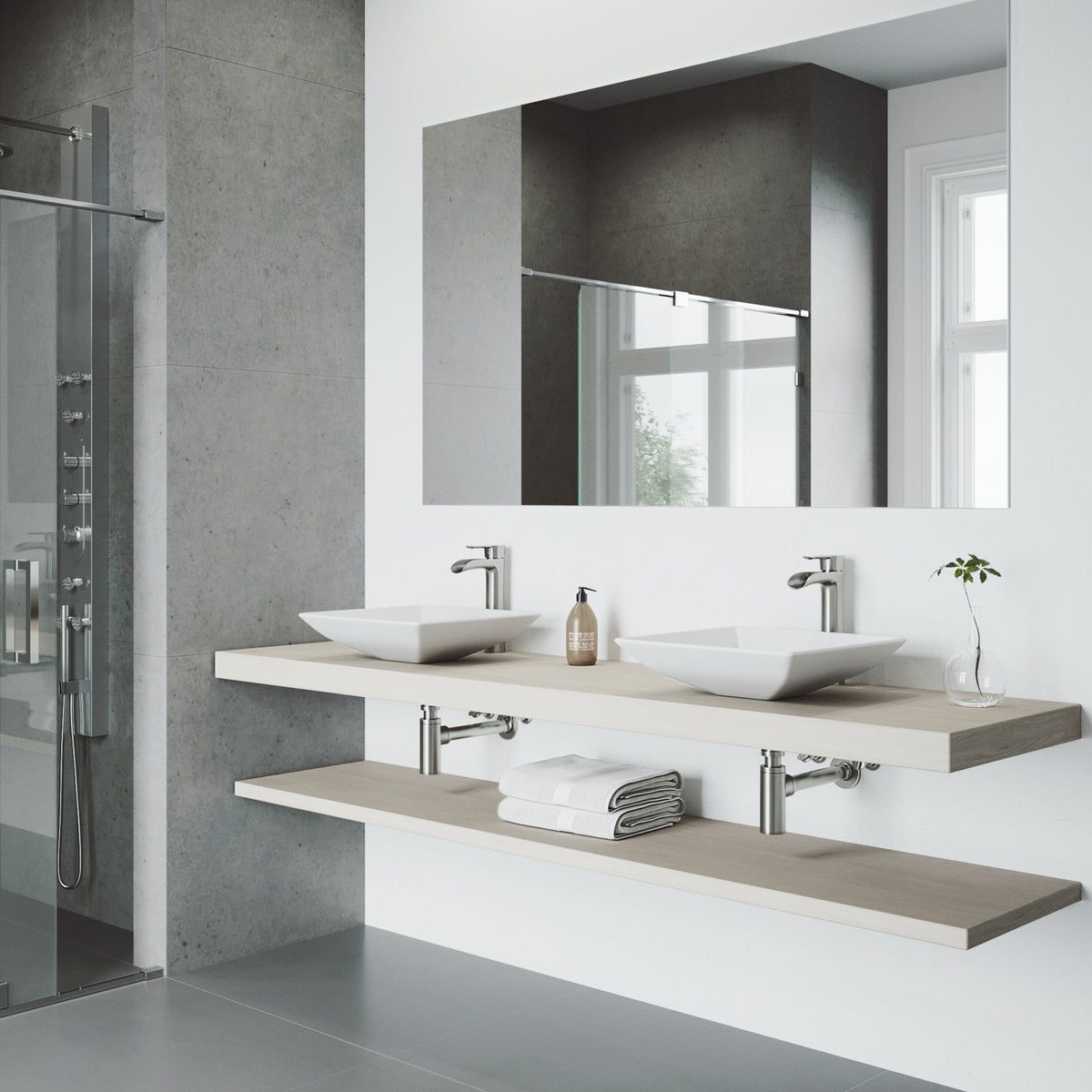 Matte Stone Hibiscus Composite Square Vessel Bathroom Sink in White with Niko Faucet and Pop-Up Drain in Brushed Nickel