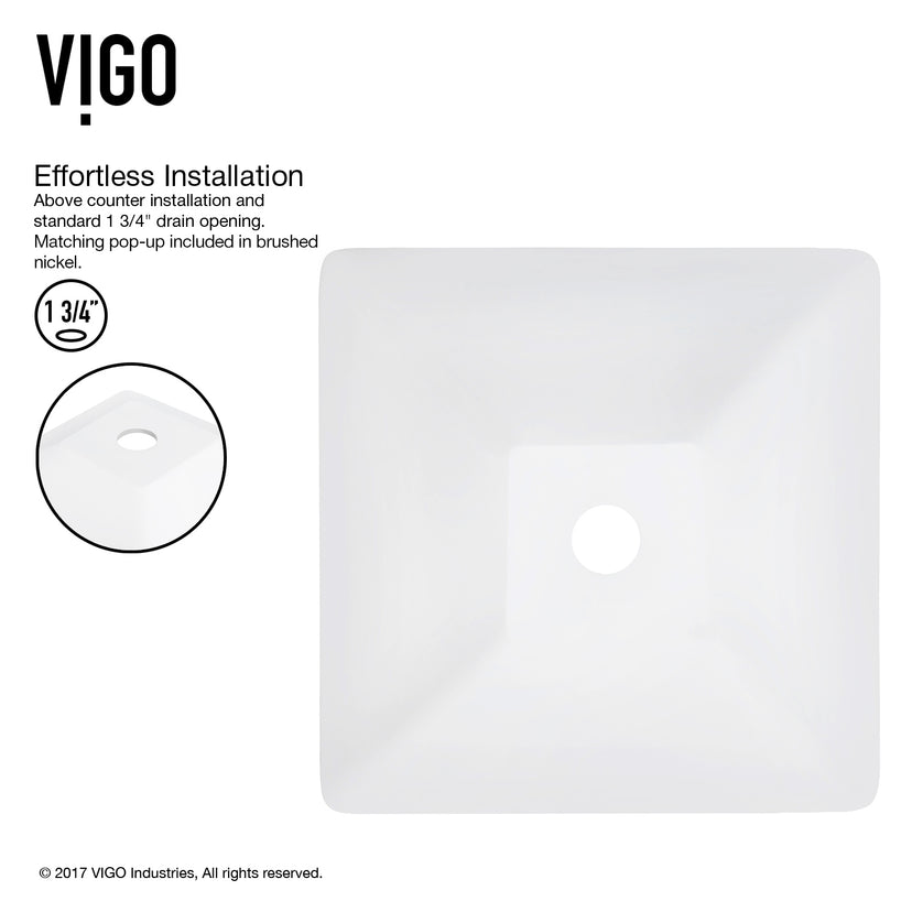 Matte Stone Hibiscus Composite Square Vessel Bathroom Sink in White with Niko Faucet and Pop-Up Drain in Brushed Nickel