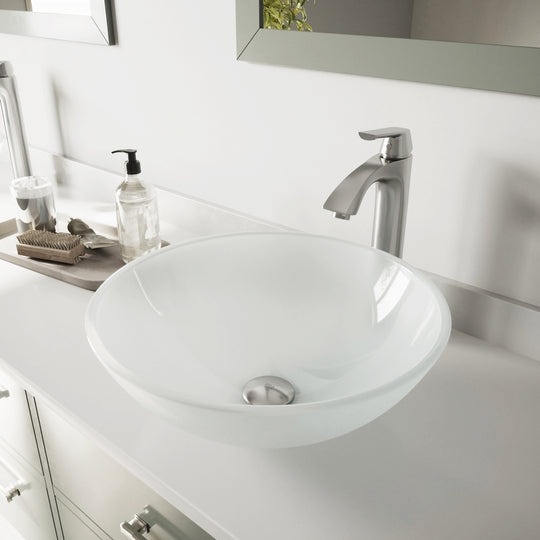 Glass Round Vessel Bathroom Sink in Frosted White with Linus Faucet and Pop-Up Drain in Brushed Nickel
