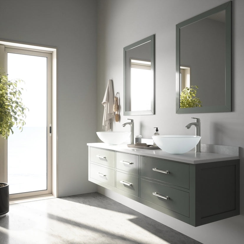 Glass Round Vessel Bathroom Sink in Frosted White with Linus Faucet and Pop-Up Drain in Brushed Nickel