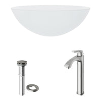 Glass Round Vessel Bathroom Sink in Frosted White with Linus Faucet and Pop-Up Drain in Brushed Nickel
