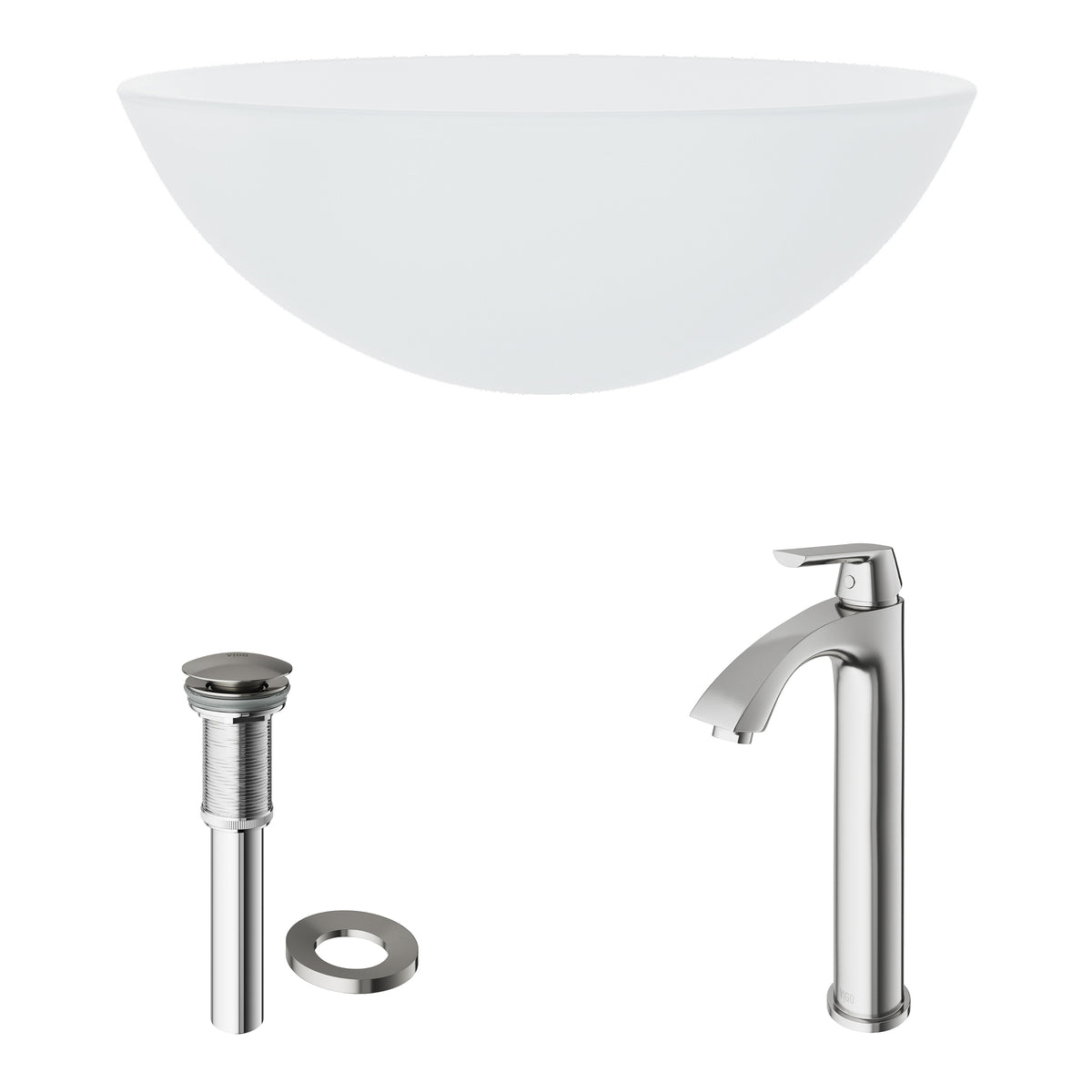 Glass Round Vessel Bathroom Sink in Frosted White with Linus Faucet and Pop-Up Drain in Brushed Nickel