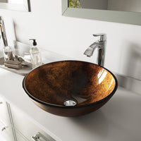 Glass Round Vessel Bathroom Sink in Russet Brown with Linus Faucet and Pop-Up Drain in Chrome