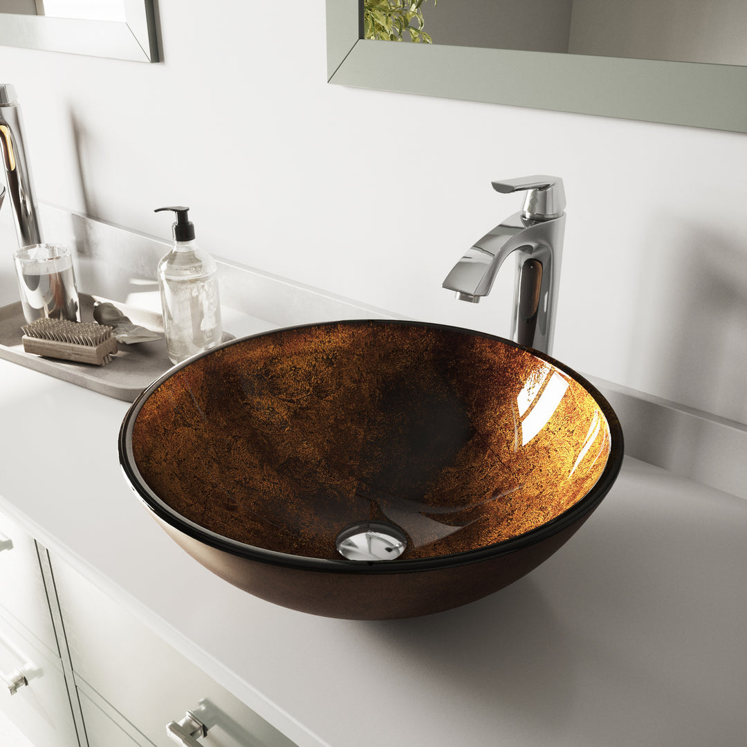 Glass Round Vessel Bathroom Sink in Russet Brown with Linus Faucet and Pop-Up Drain in Chrome