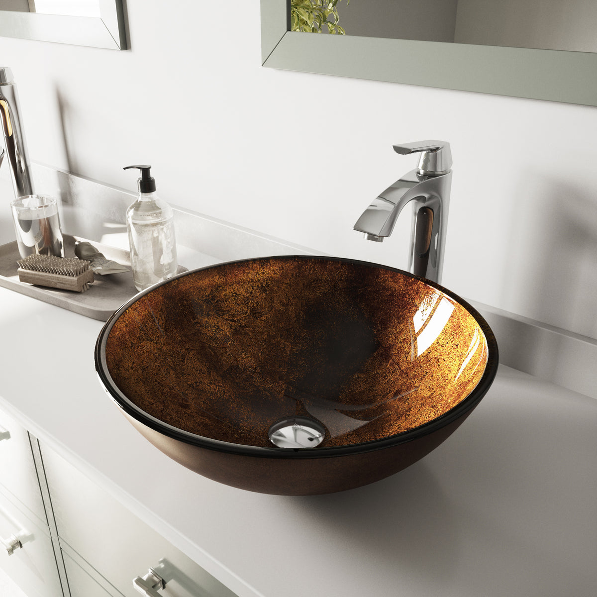 Glass Round Vessel Bathroom Sink in Russet Brown with Linus Faucet and Pop-Up Drain in Chrome
