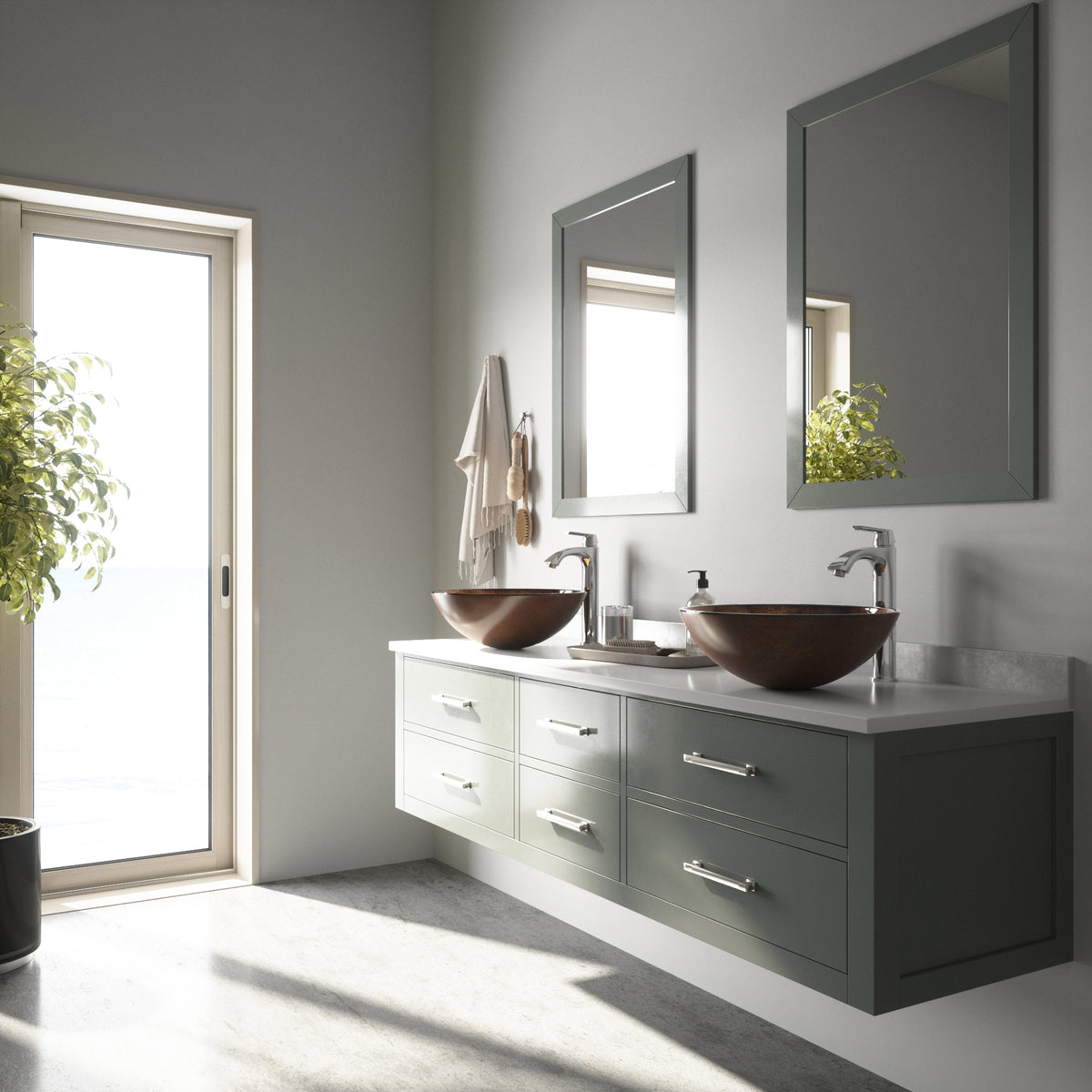 Glass Round Vessel Bathroom Sink in Russet Brown with Linus Faucet and Pop-Up Drain in Chrome