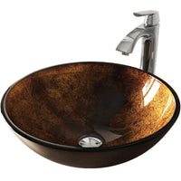 Glass Round Vessel Bathroom Sink in Russet Brown with Linus Faucet and Pop-Up Drain in Chrome
