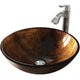 Glass Round Vessel Bathroom Sink in Russet Brown with Linus Faucet and Pop-Up Drain in Chrome