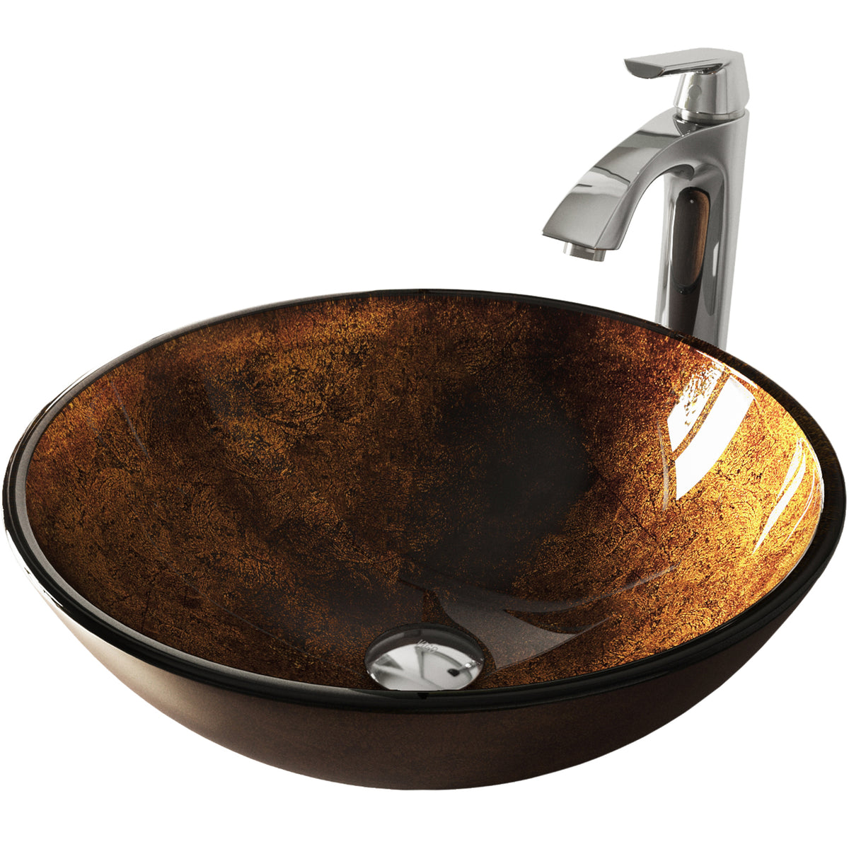 Glass Round Vessel Bathroom Sink in Russet Brown with Linus Faucet and Pop-Up Drain in Chrome
