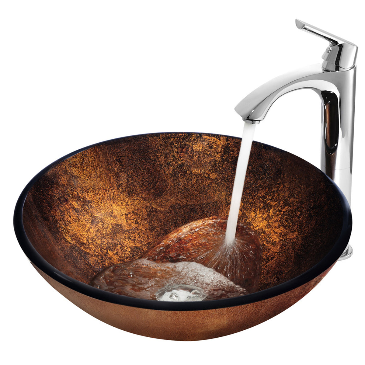 Glass Round Vessel Bathroom Sink in Russet Brown with Linus Faucet and Pop-Up Drain in Chrome