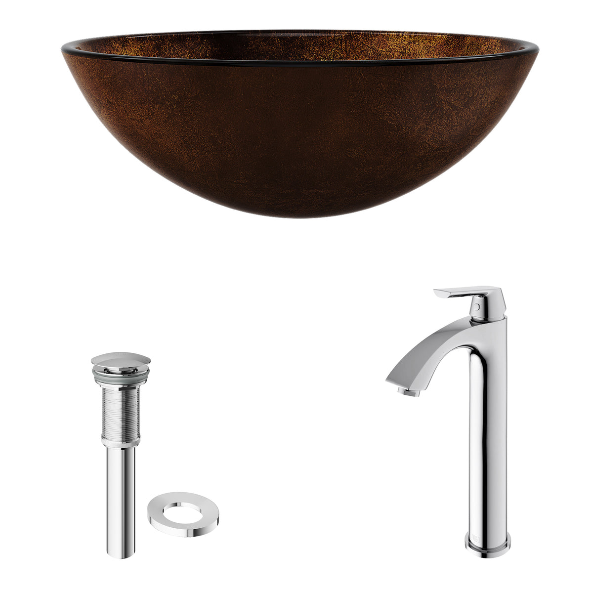 Glass Round Vessel Bathroom Sink in Russet Brown with Linus Faucet and Pop-Up Drain in Chrome