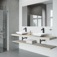 Matte Stone Hibiscus Composite Square Vessel Bathroom Sink in White with Linus Faucet and Pop-Up Drain in Matte Black