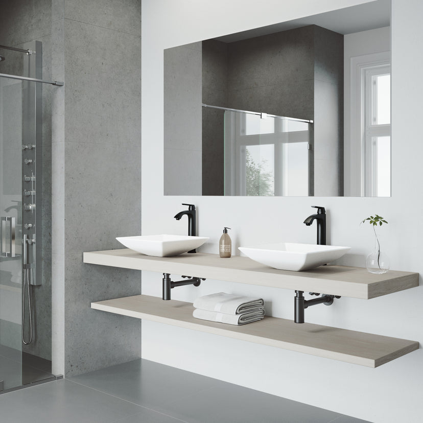 Matte Stone Hibiscus Composite Square Vessel Bathroom Sink in White with Linus Faucet and Pop-Up Drain in Matte Black