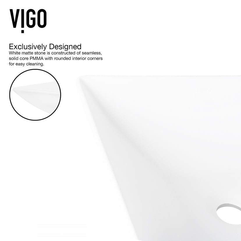 Matte Stone Hibiscus Composite Square Vessel Bathroom Sink in White with Linus Faucet and Pop-Up Drain in Matte Black